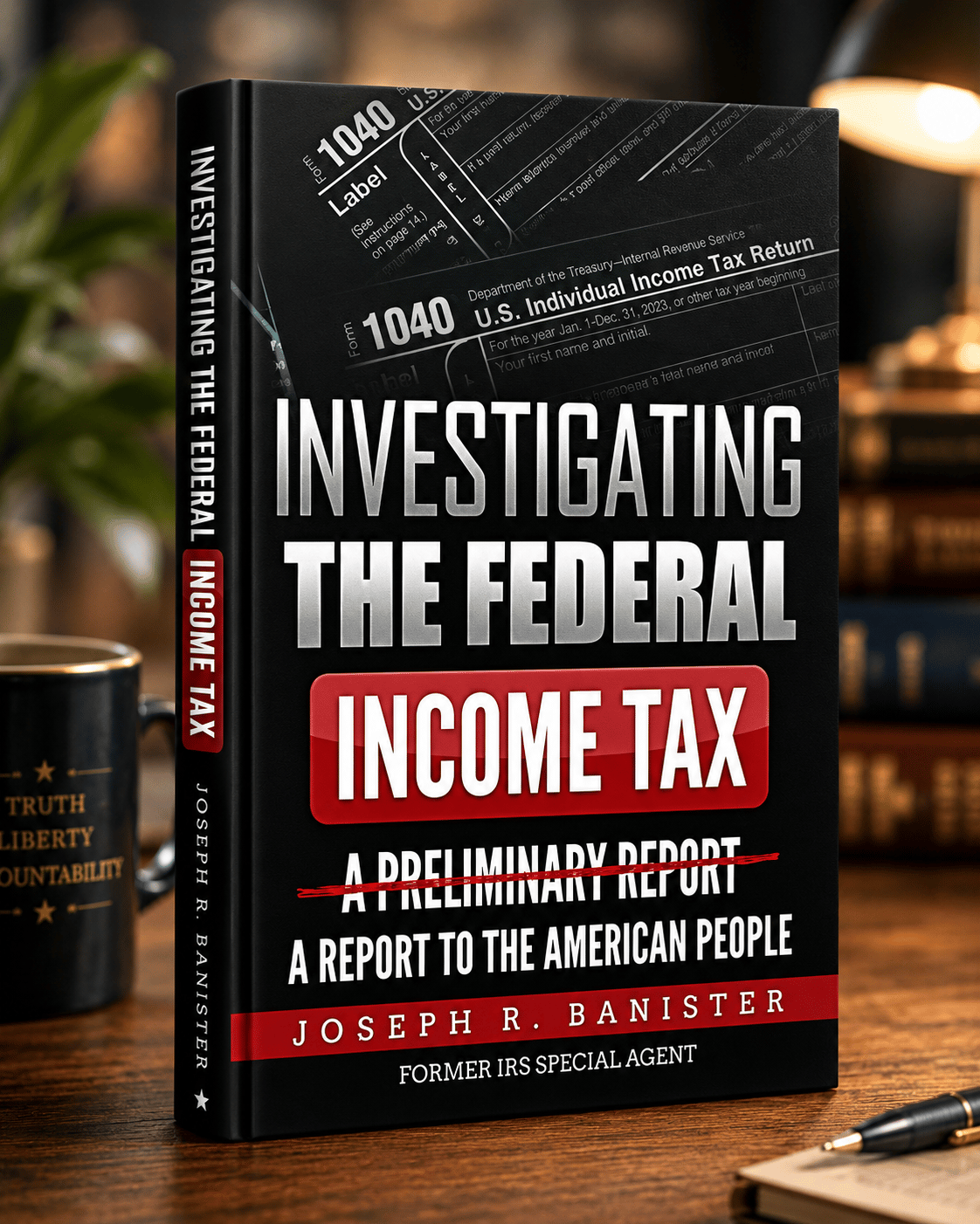 Investigating the Federal Income Tax — book cover by Joseph Banister, styled on a wooden desk